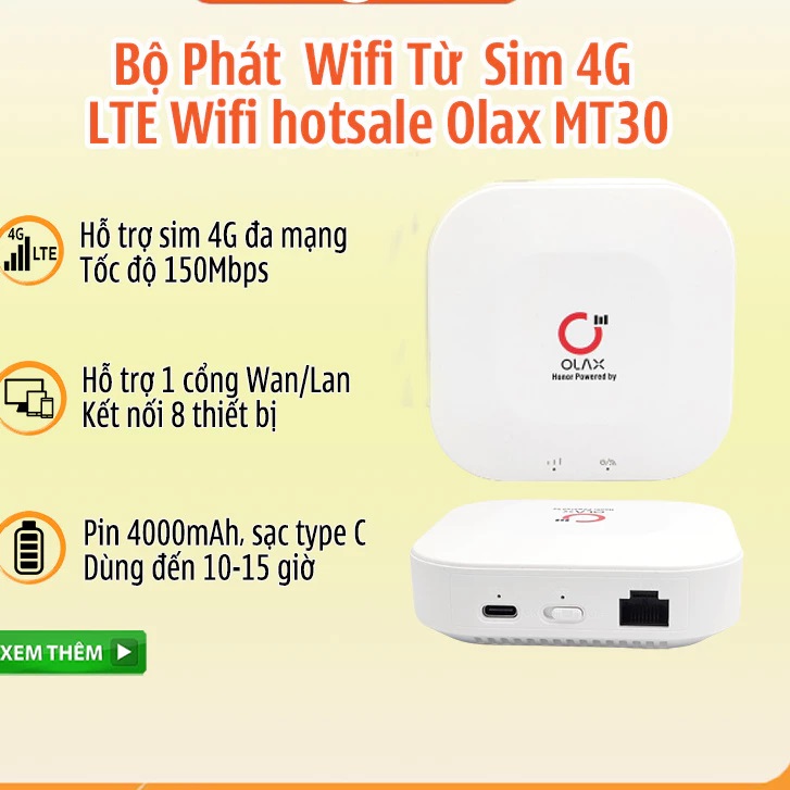 Thiết bị mạng olax mt30 bộ phát wifi từ sim 5g 4g hỗ trợ 8 thiết bị kết nối cùng lúc dung lượng pin 4000mah - bảo hành chính hãng lỗi 1 đổi 1