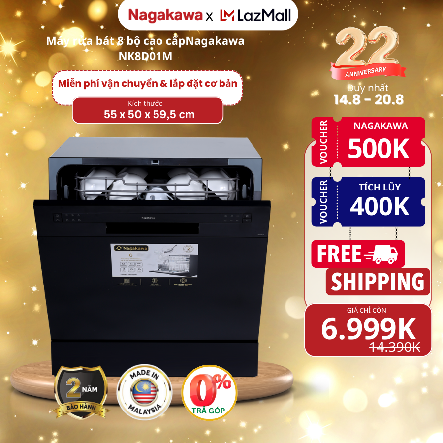 Máy rửa bát Nagakawa NK8D01M, dung tích 8 bộ Châu Âu, độ ồn thấp, vận hành êm ái, 6 chương trình rửa tiện ích, nhớ chương trình rửa khi mất điện - bảo hành 2 năm - made in Malaysia