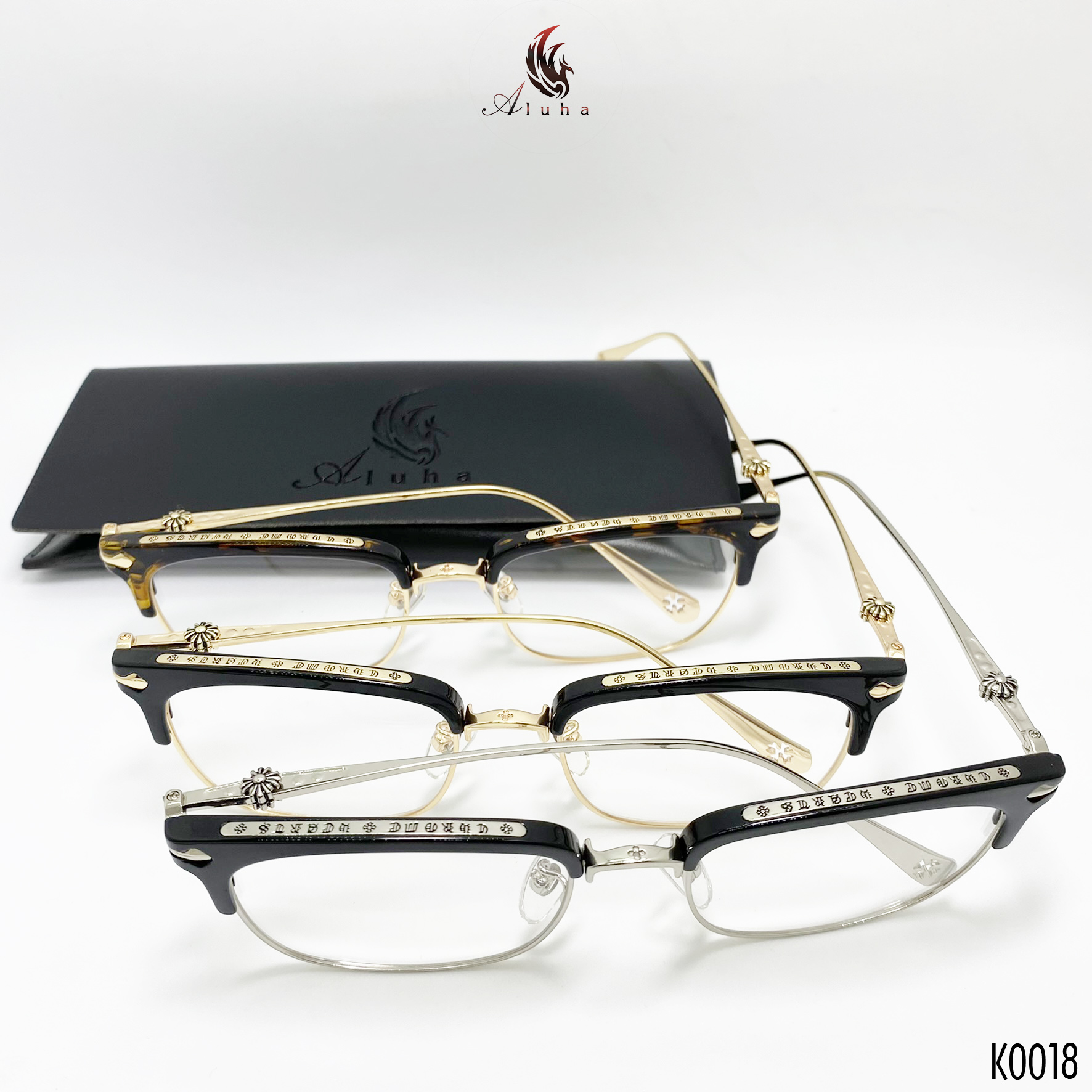 Gọng kính Chrome Heart chống ánh sáng xanh dáng Clubmaster Hàn Quốc khắc chữ tinh tế - K0018 - Aluha