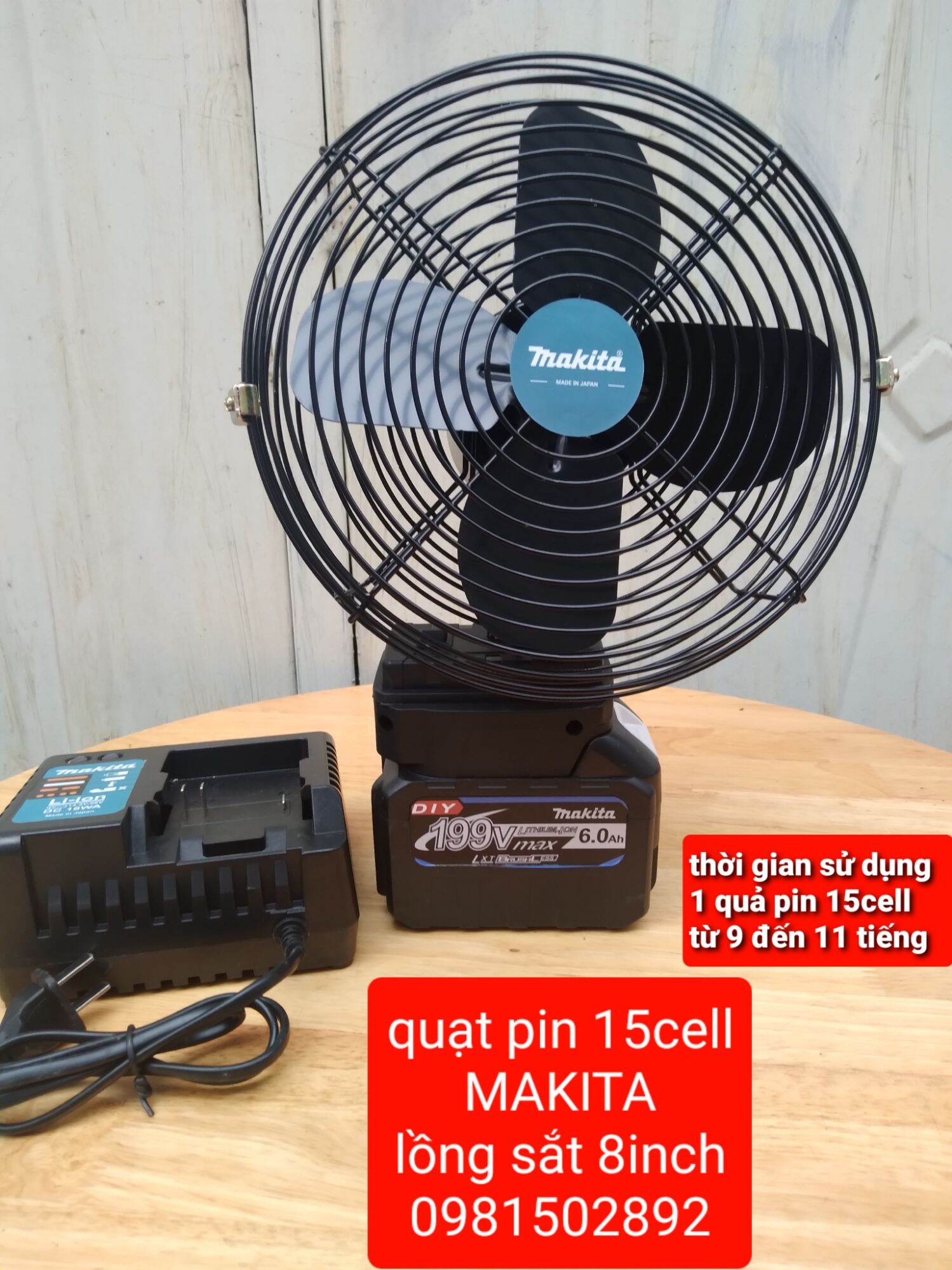Quạt pin MKT chân phổ thông, quạt pin sạc dự phòng, quạt sạc pin siêu mạnh, quạt chạy pin makita 8inch. Sử dụng pin 10cell, 15cell