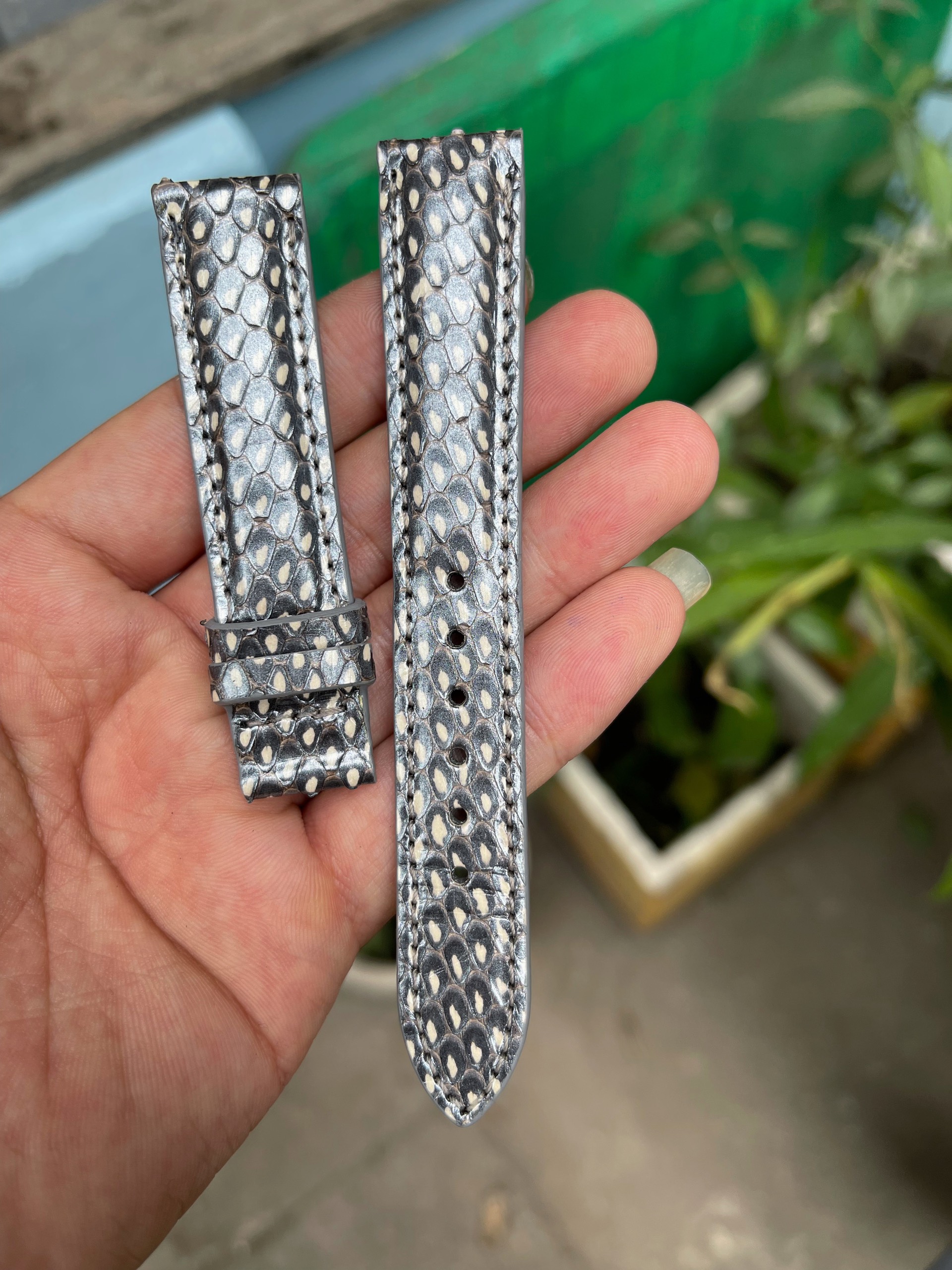 Dây đồng hồ da rắn vân cực đẹp, lạ màu xám ánh kim, dây da thật đủ size tặng kèm khóa, chốt và dụng cụ thay dây