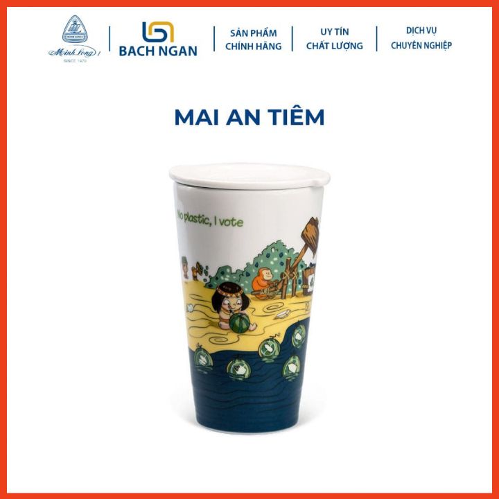 Ly sứ dưỡng sinh Minh Long - Mai An Tiêm 0.48 L, cao có nắp đậy dùng để uống trà, cafe, kiểu dáng sang trọng, giữ nhiệt tốt , không quai