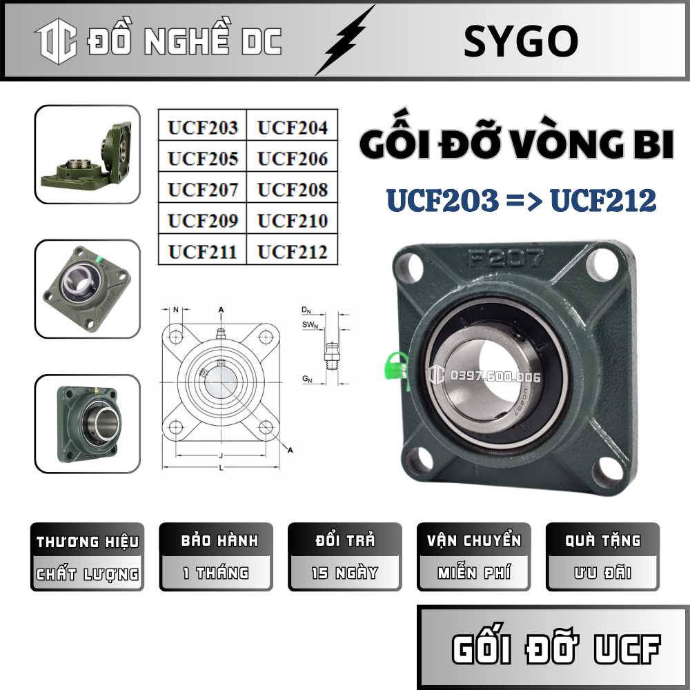 Gối đỡ vòng bi, gối đỡ bạc đạn, gối đỡ trục vuông ucf sygo ucf203, ucf204, ucf205, ucf206, ucf207, ucf208, ucf209, ucf210, ucf211, ucf212 thép cao cấp ứng dụng trong nhiều lĩnh vực