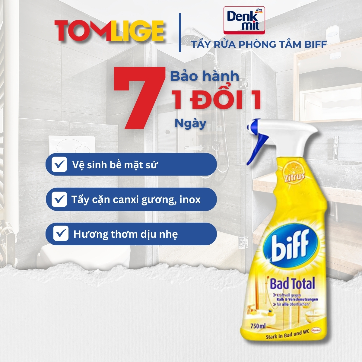 Chai Xịt Tẩy Đa Năng Nhà Tắm Biff BadTotal750ml, Tẩy Cặn Canxi Vòi Sen, Han Rỉ Lavabo, Ố Vàng