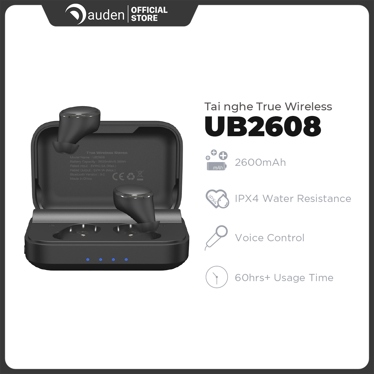 Tai nghe bluetooth không dây True Wireless ENERGIZER UB2608 hỗ trợ Bluetooth 5.0, pin siêu trâu nghe nhạc liên tục đến 4 giờ, chống thấm nước đạt tiêu chuẩn IPX4 - Hàng chính hãng bảo hành 12 tháng