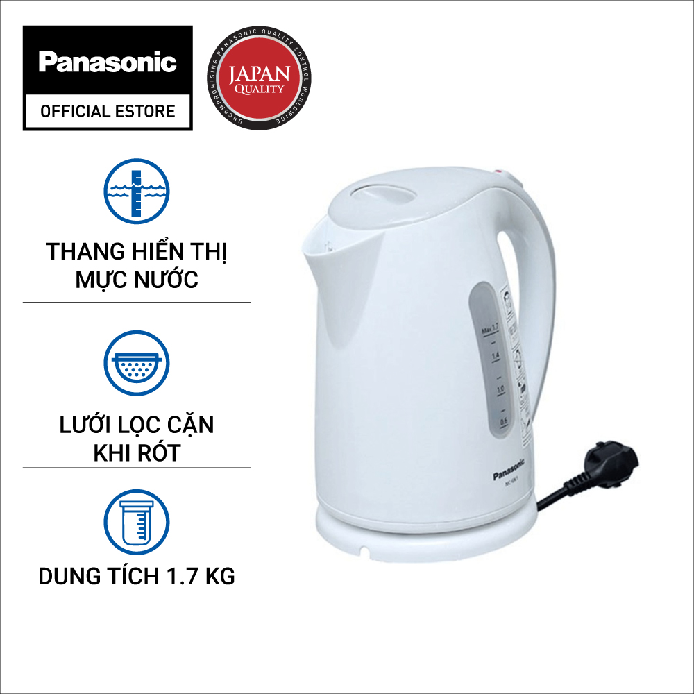 Bình Đun Siêu Tốc Panasonic NC-GK1WRA - Dung tích 1.7L - Công suất 2200W - Ruột bình nhựa không chứa BPA - Lưới lọc cặn - Thang đo mực nước - Bảo Hành 12 Tháng - Hàng Chính Hãng