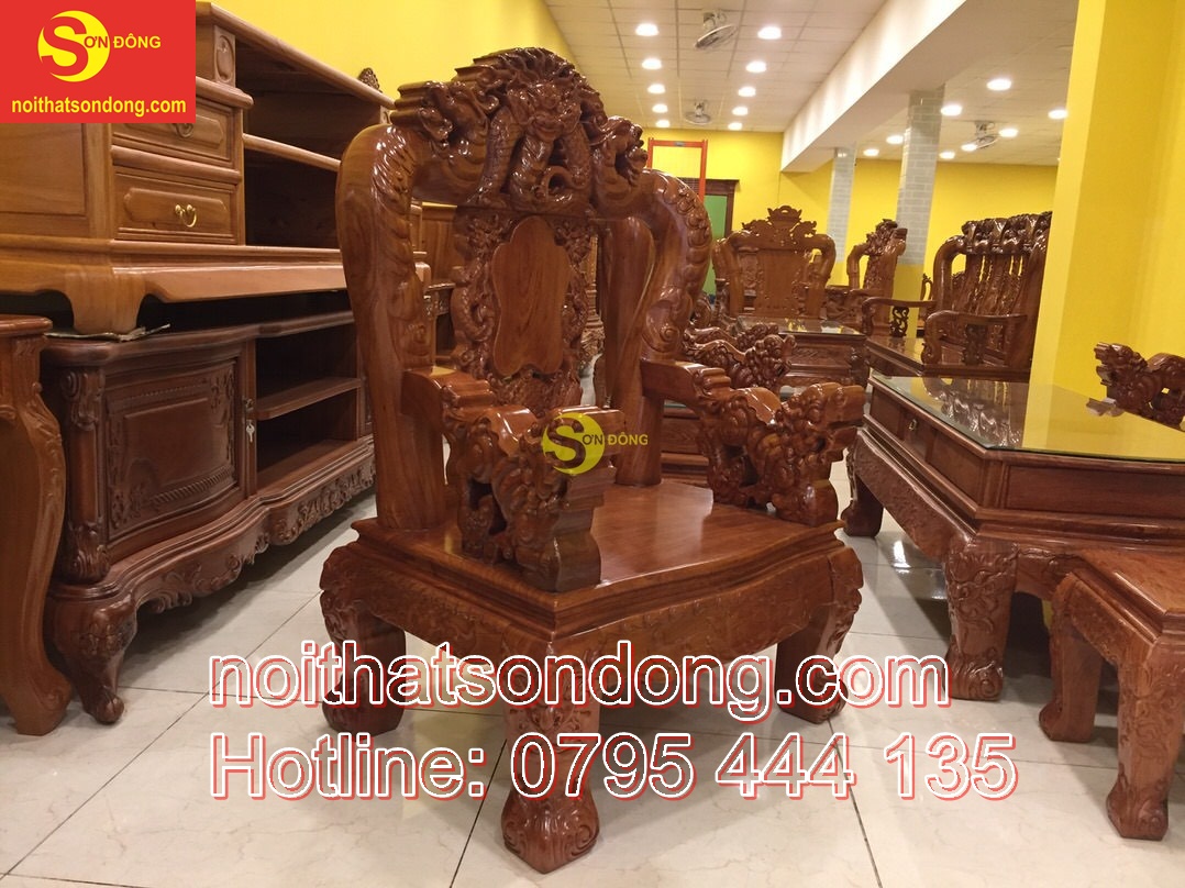 Bộ bàn ghế gỗ hương đá chạm tứ linh 6 món tay 12 -BBG338
