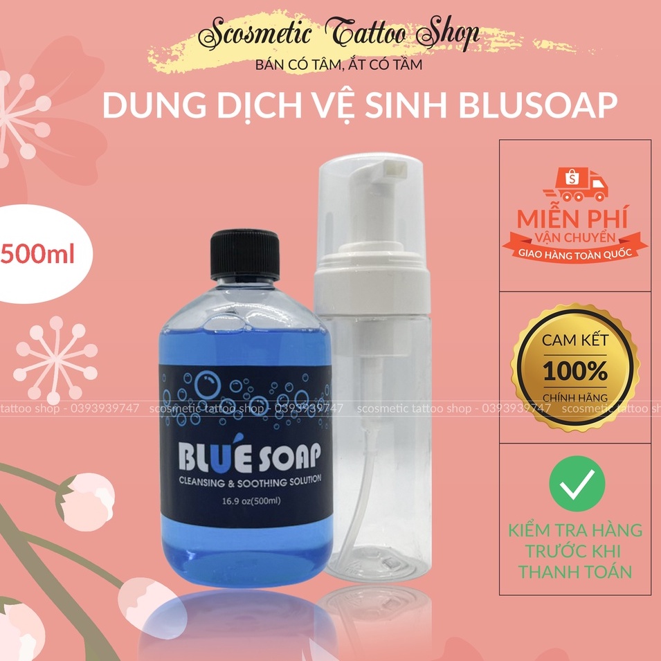 Dung dịch tạo bọt Blue soap 500ml siêu đặc giúp lau chùi mực vệ sinh da trước và sau xăm