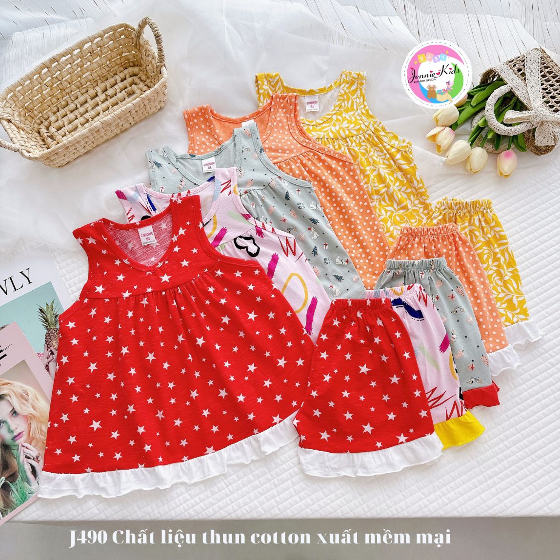 Đồ bộ bé gái bộ bé gái ngắn tay size đại baby doll vải cotton xuất Jennie kids J468