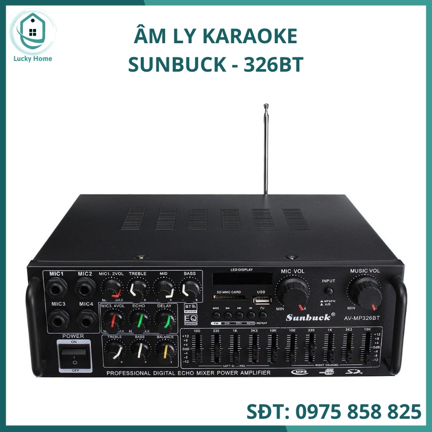 Âm ly karaoke 4 mic, amply sunbuck 326BT âm ly karaoke buluetooth , kết nối blutooth, âm ly gia đình, xe hơi 12v-220v