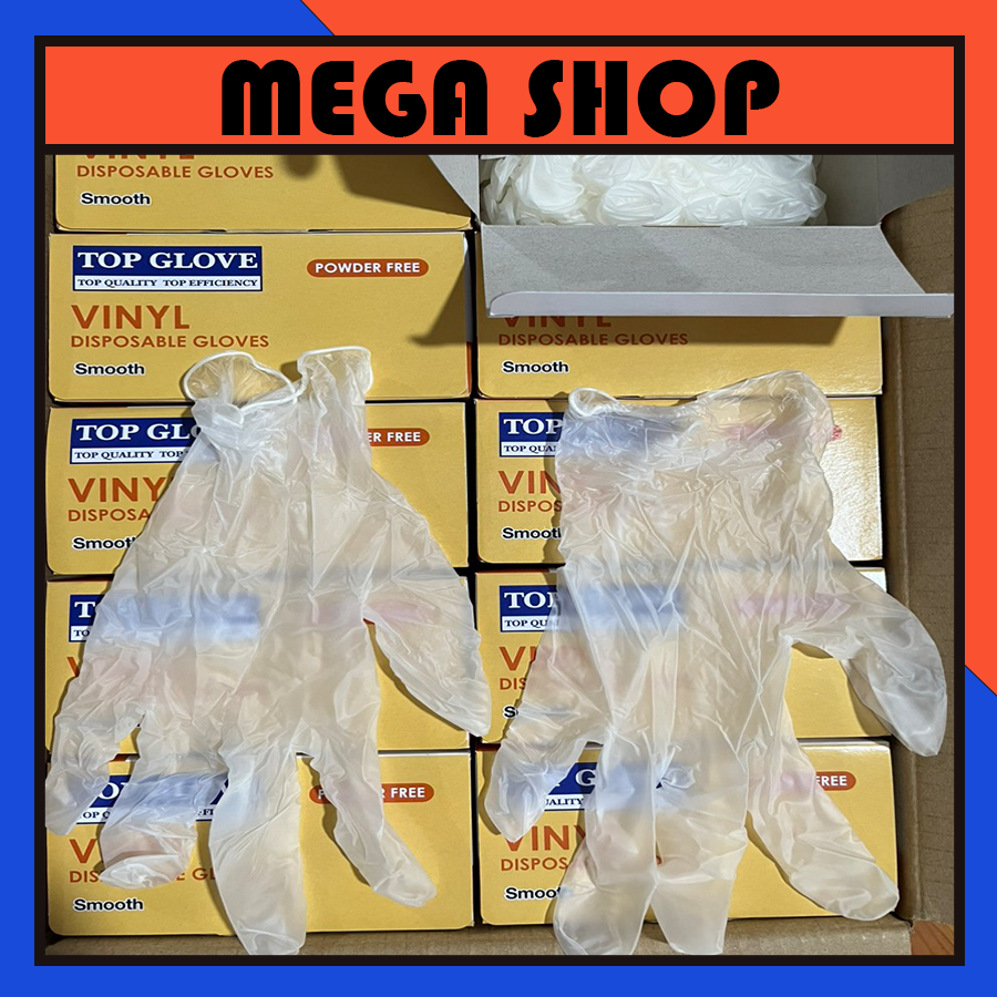 Bao tay Vinyl GLove TOPGLOVE size S/M/L/XL, nữ đeo M, người nhỏ con xài S, nam đeo L và XL, chuyen thực phẩm và thẩm Mỹ.