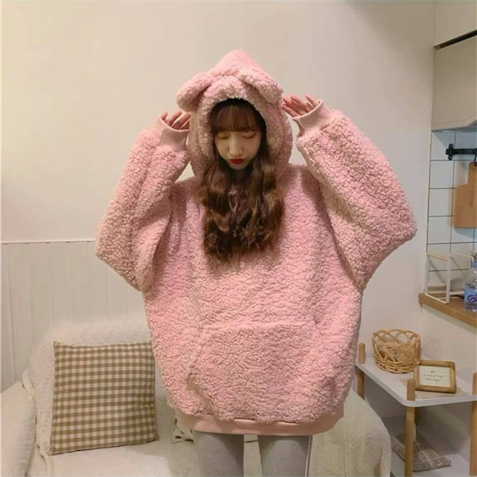 Áo hoodie lông cừu tai gấu màu hồng, áo hoodie nam nữ unisex, áo hoodie lông ulzzang, áo lông cừu ulzzang,