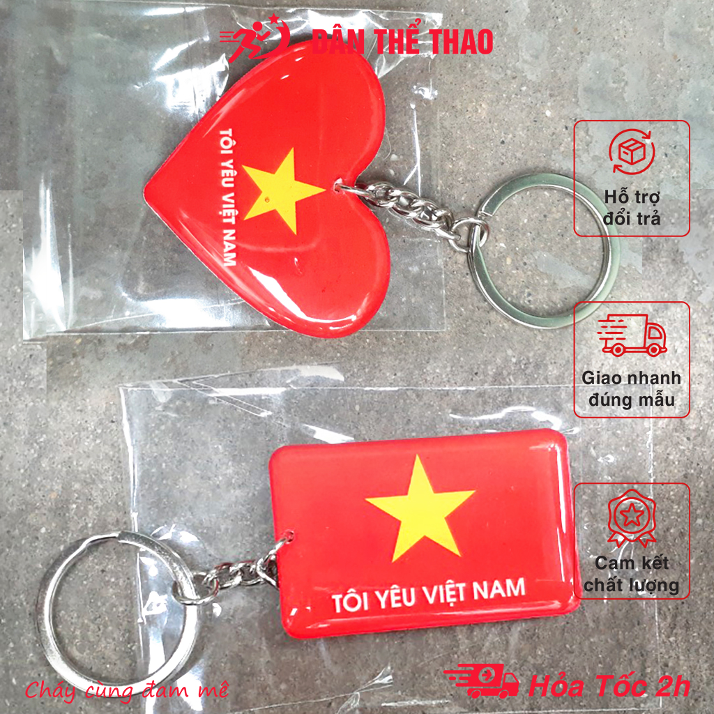 Móc khóa cờ Việt Nam khoen inox cao cấp, Móc khóa tôi yêu Việt Nam in 2 mặt nhựa đúc nguyên khối