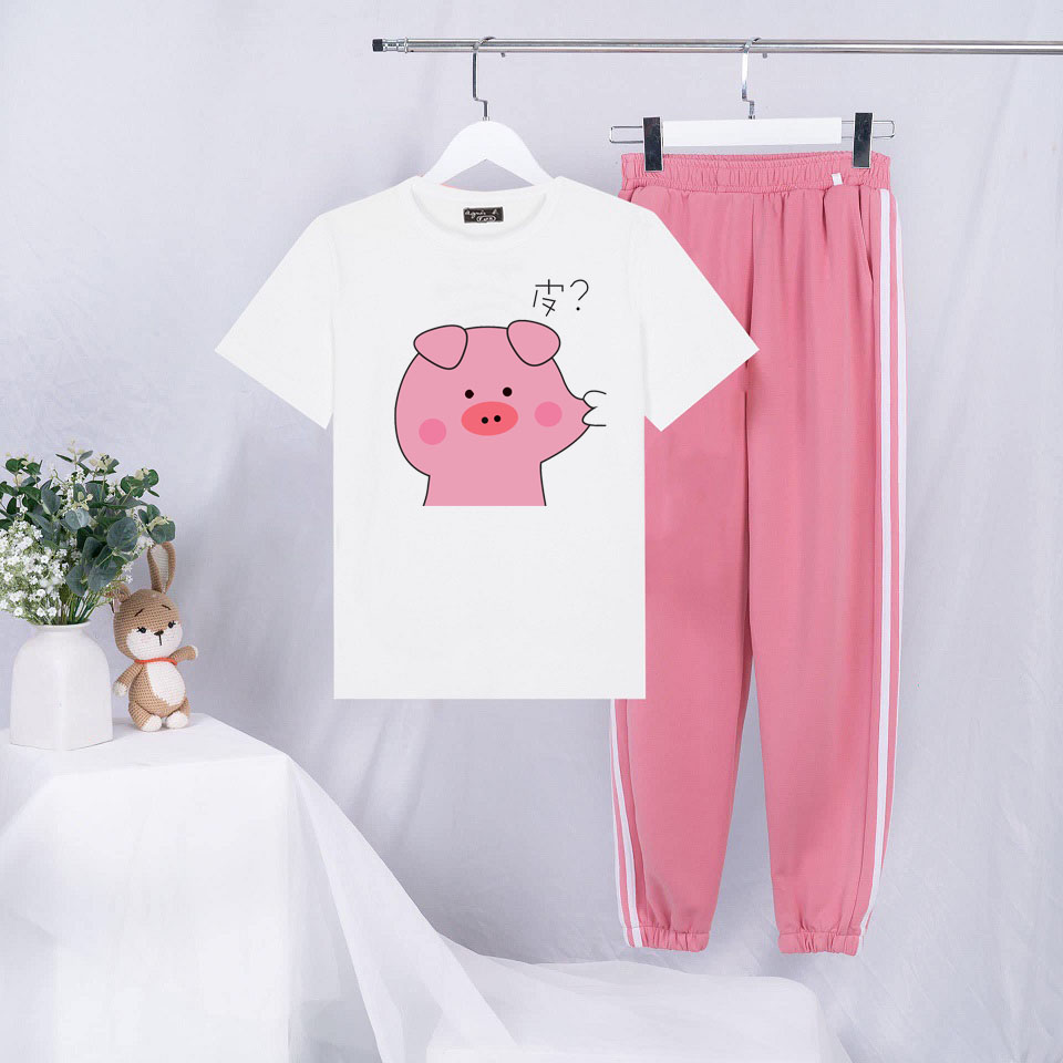 Sét Bộ Đồ Quần Áo Thời Trang Ulzzng Nữ Ngắn Tay Mùa Hè Siêu Xinh Cute Chất Liệu Cotton In Lợn Véo Má Kèm Quần Thun Bo Chun Gấu Phong cách