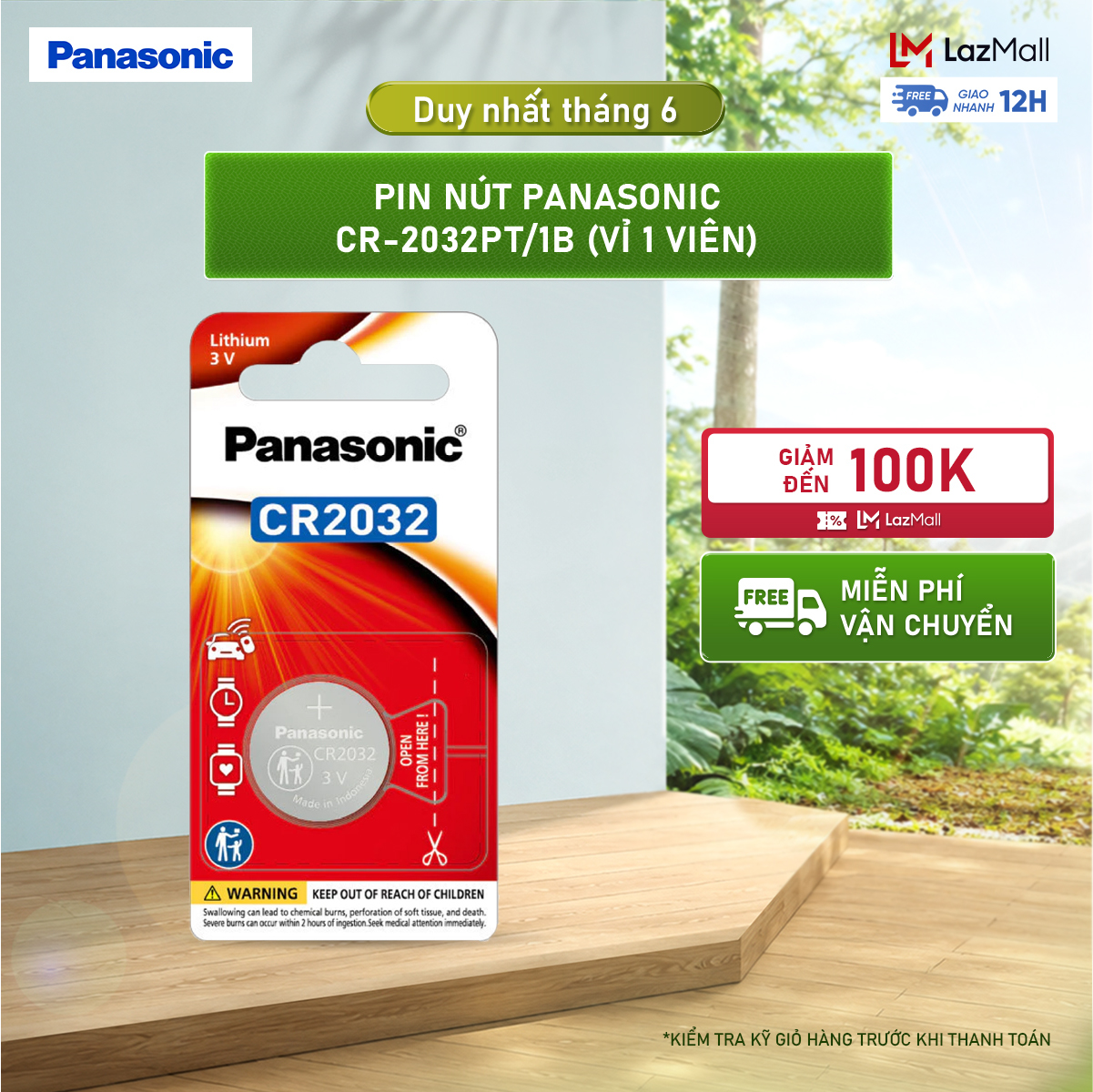 Vỉ 1 viên Pin nút Panasonic CR-2032PT/1B – Hàng Chính Hãng