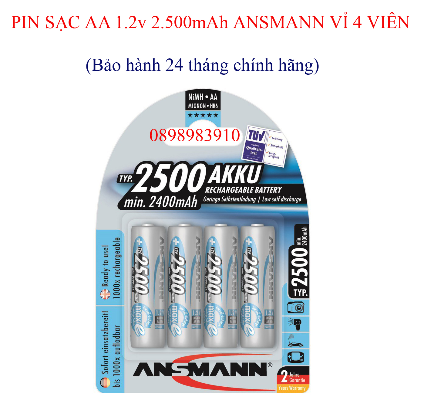 Pin sạc aa ansmann 1.2v 2500mah vỉ 4 viên mignon hr6 2500 bl4