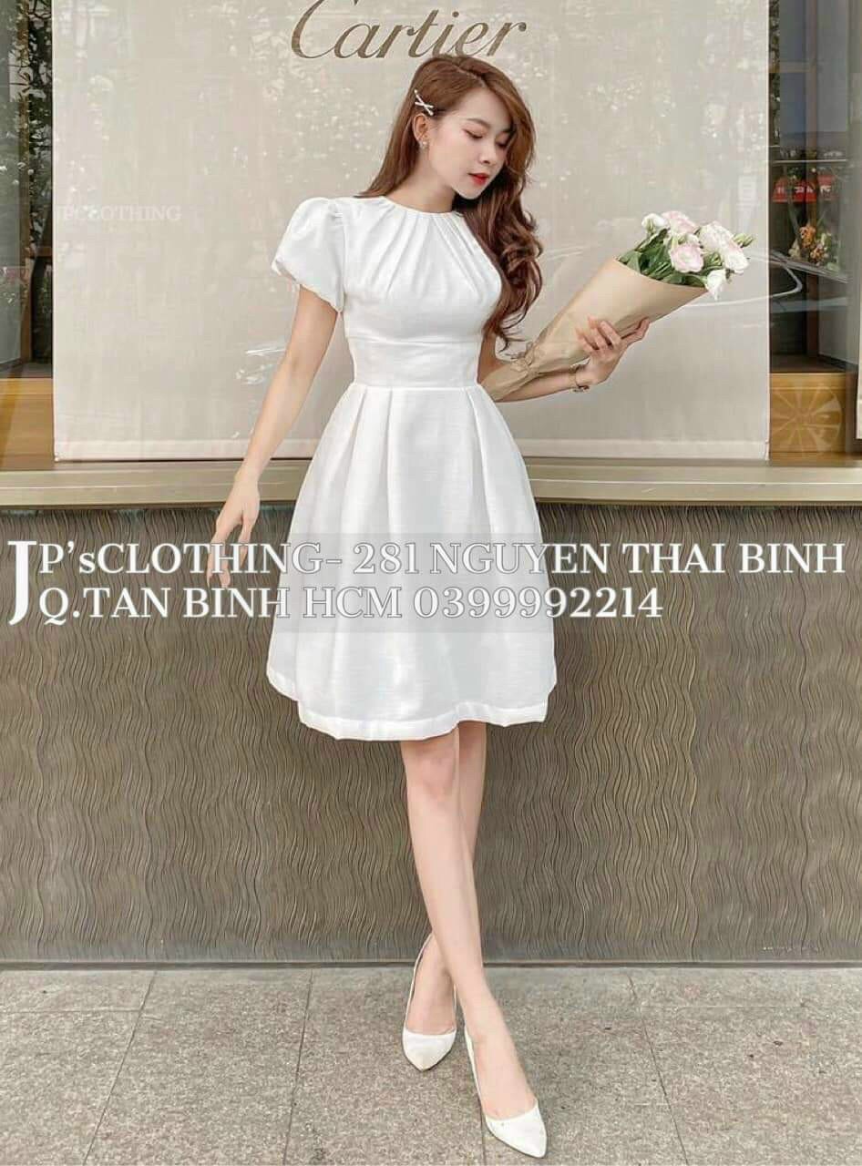HOÀN TIỀN MAX - Đầm váy dự tiệc thời trang nữ chất cotton lạnh cổ cao tay phồng ngắn váy xếp ly bí to cap cấp