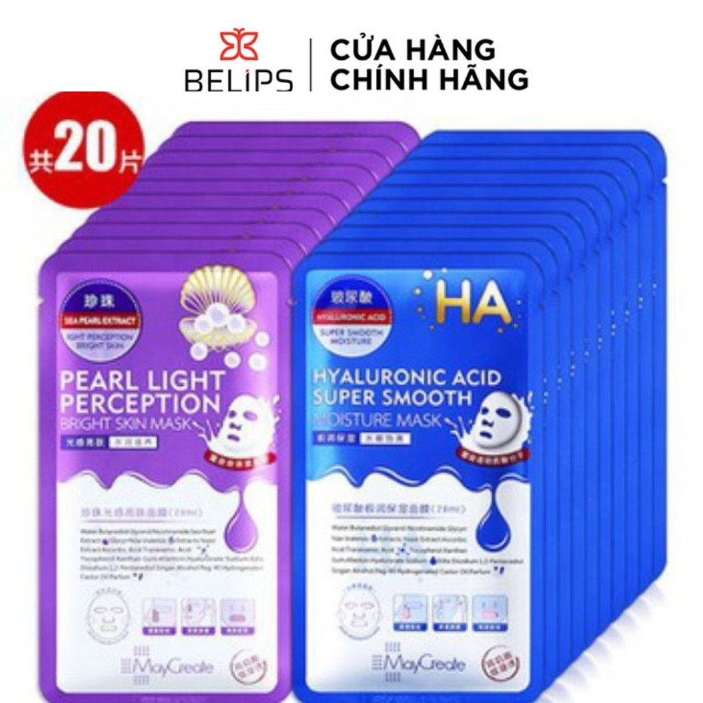 Bộ 20 miếng mặt nạ đắp mặt siêu cấp ẩm maycreate ha xanh hyaluronic acid super smooth moisture mask xanh hoặc tím nội đđa trung - belips