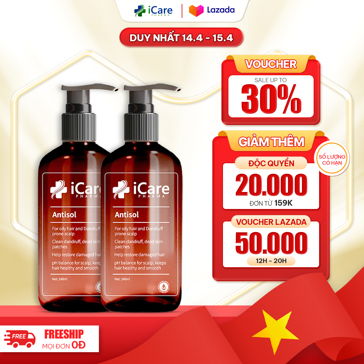 Combo 2 Chai Dầu Gội Sạch Gàu Nấm Ngứa Da Đầu Antisol - Thương Hiệu iCare Pharma