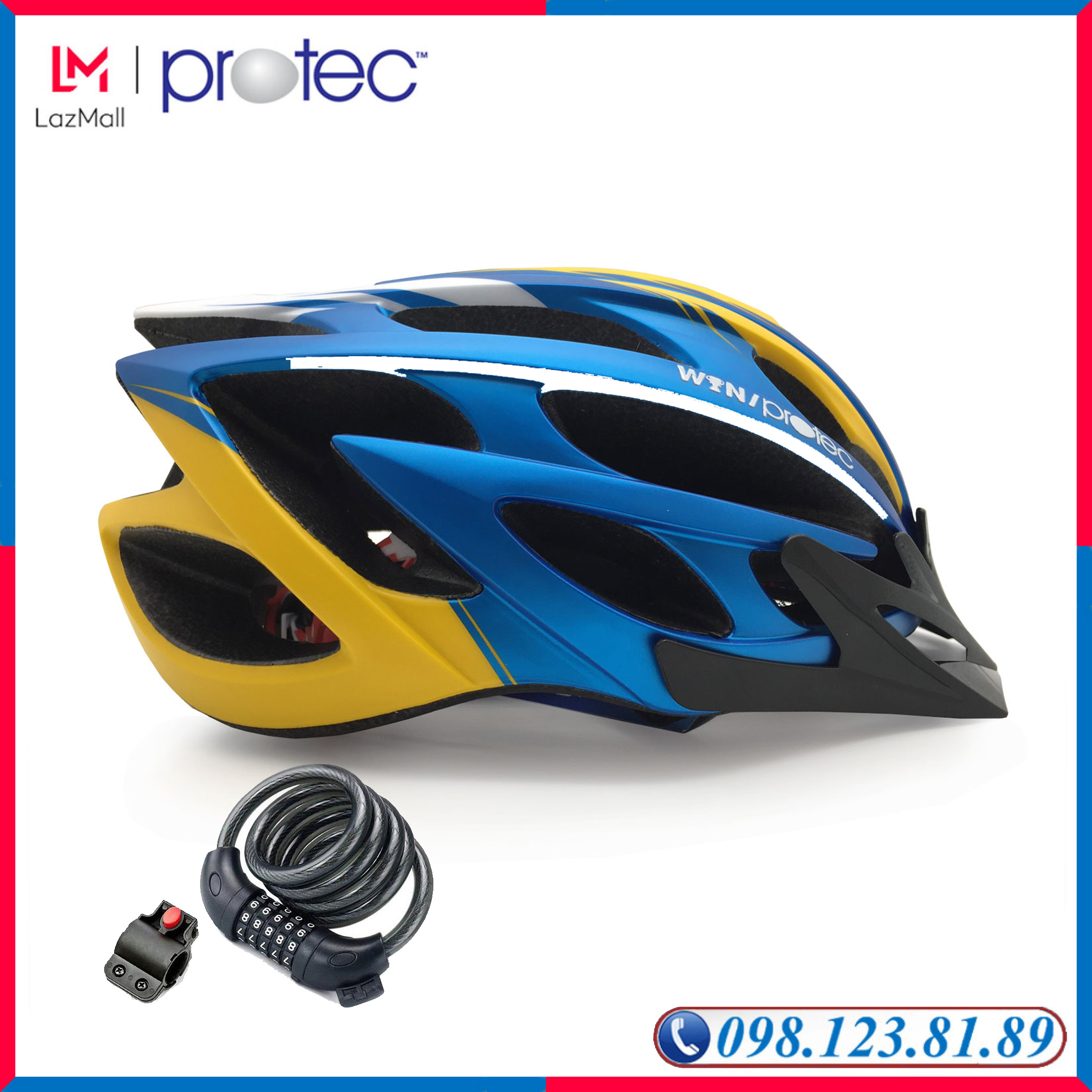 Combo Mũ Bảo Hiểm Xe Đạp Thể Thao Cao Cấp, Siêu Phẩm Phượng Hoàng Lửa Protec Win 066 + 1 Khóa Dây Mật Mã Nhật Bản 5 Mã Số Bảo Mật, An Toàn, Chắc Chắn - PROTEC HELMET