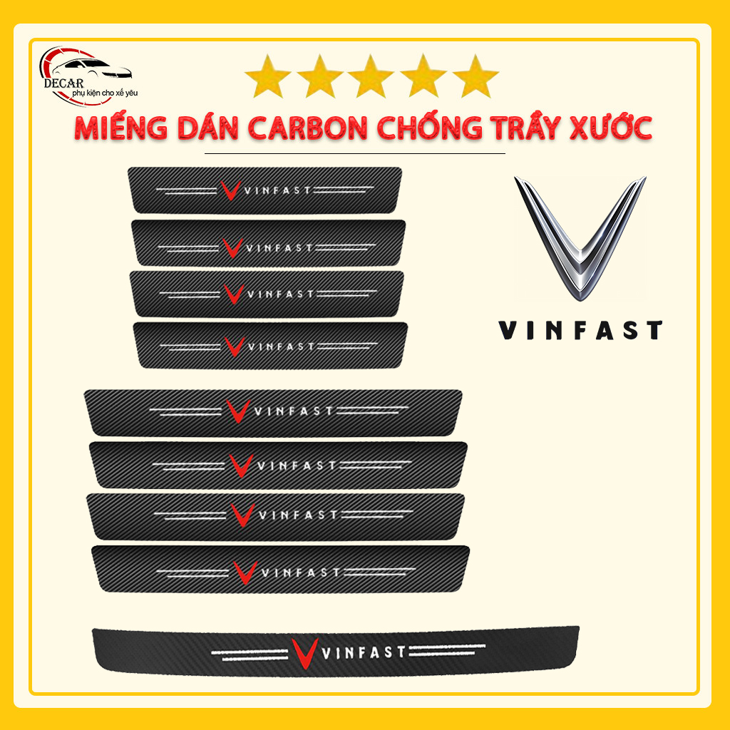 Bộ 9 miếng dán bậc cửa ô tô carbon Vinfast Vf8, Vfe34, Fadil, Vf9, Vf5, Vf9 bộ dán chống trầy xước bảo vệ bậc lên xuống cửa xe hơi oto vinfast