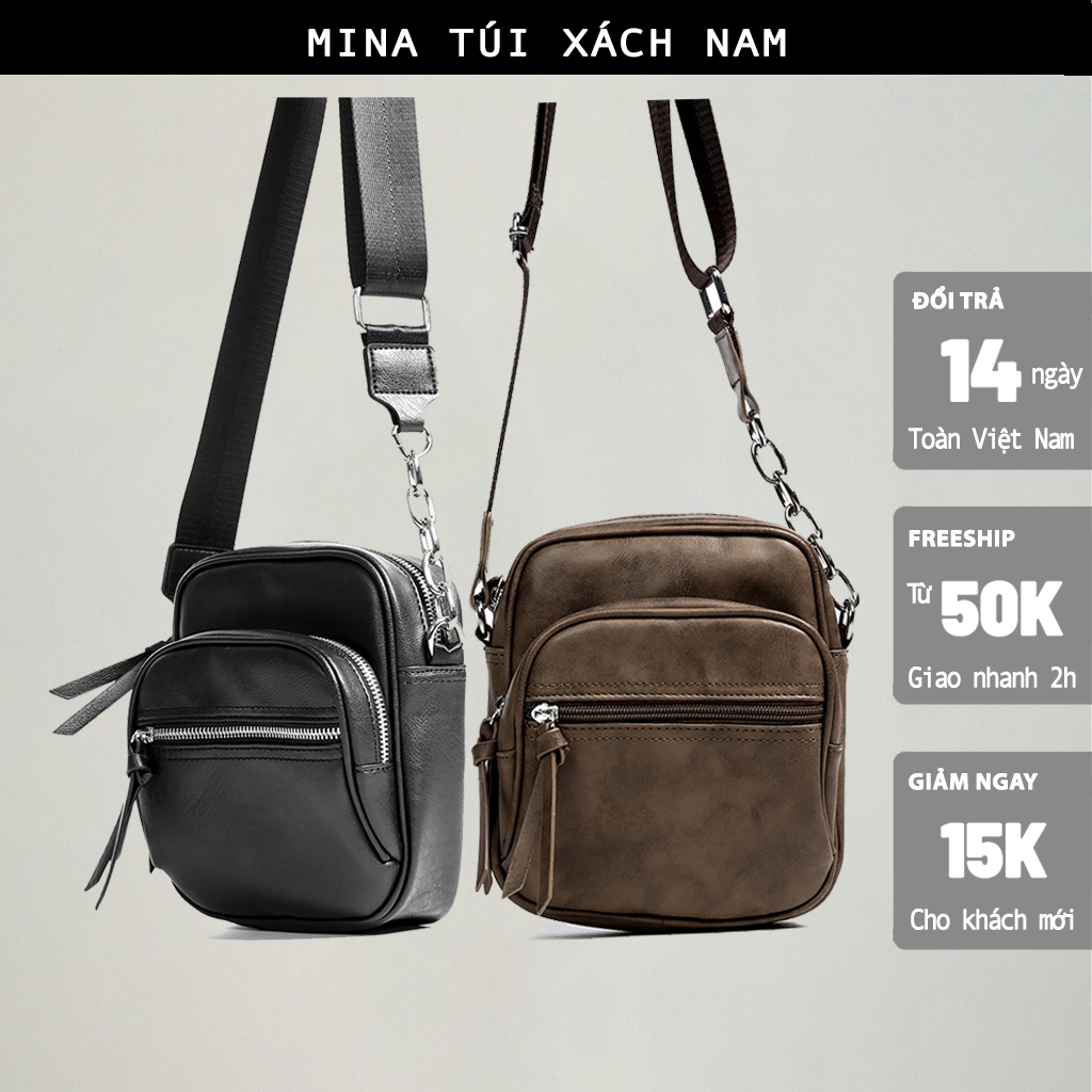 Túi đeo chéo nam vuông hai ngăn quai xích da xịn dày dặn túi thời trang nam MINA