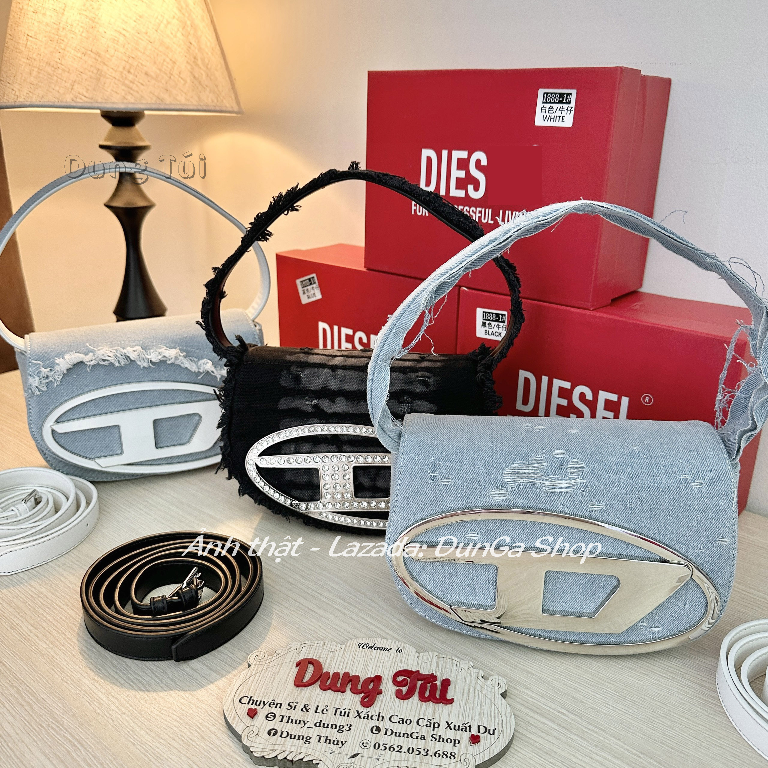 Túi hot trend 2023 chất jean chữ D bạc & D đính hạt size 20 fullbox