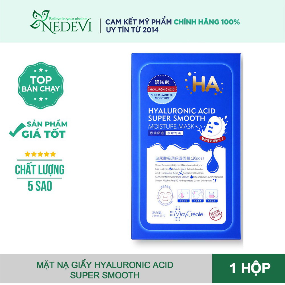 Bộ 20 miếng mặt nạ đắp mặt siêu cấp ẩm MayCreate HA Xanh Hyaluronic Acid Super Smooth Moisture Mask Xanh hoặc Tím [mask HA] nội địa Trung