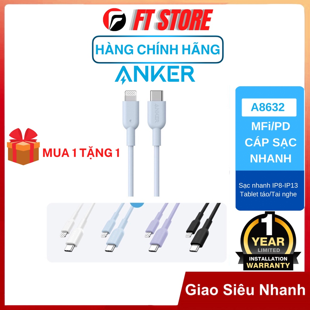 Cáp sạc nhanh anker a8632 0.9m / a8633 1.8m power line ii flow usb- c to lightning cho iphone ipad -ft store