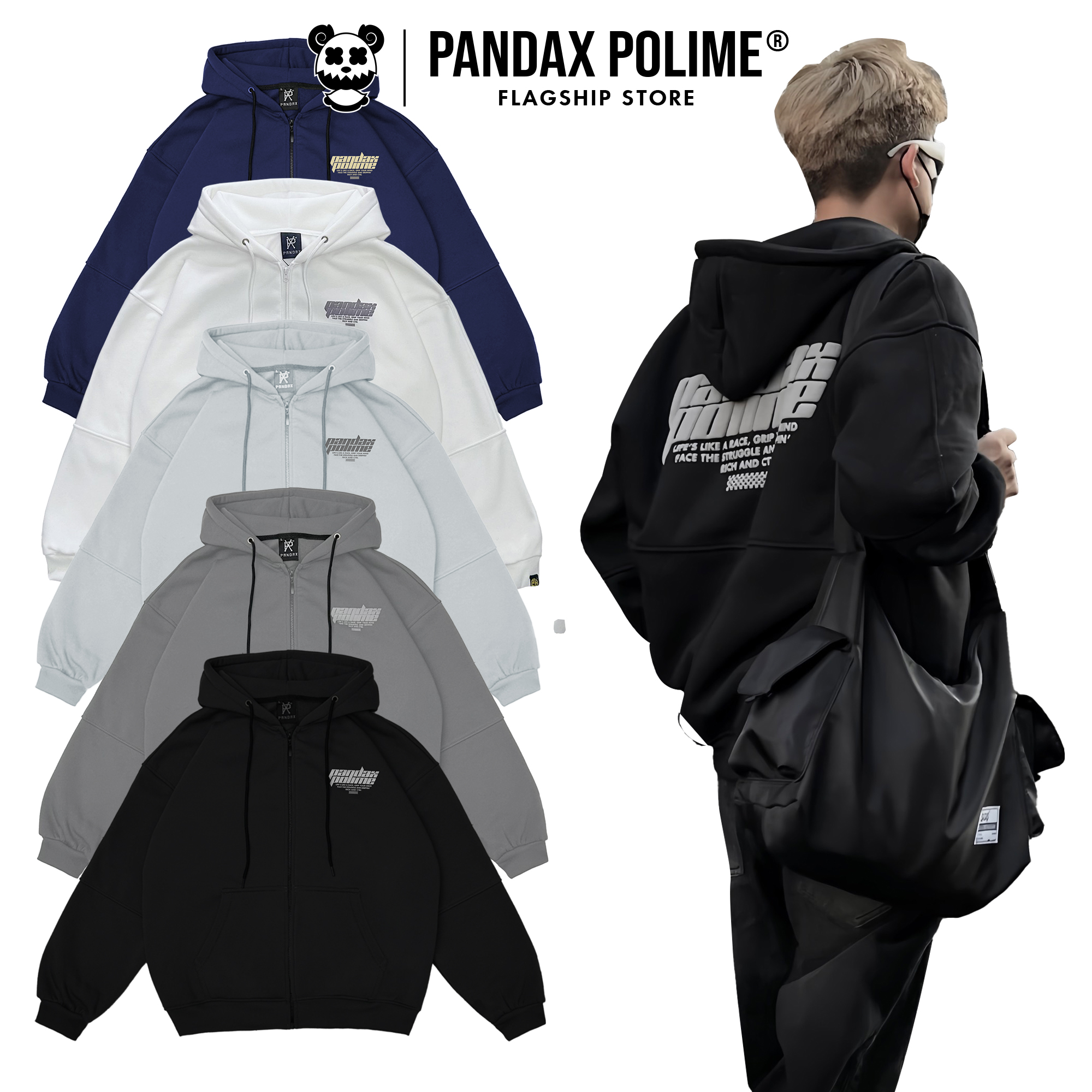 Áo khoác nỉ hoodie zip local brand PANDAX POLIME áo khoác dây kéo có mũ nỉ bông dày dặn nam nữ ao hoodie bigsize rộng rãi chính hãng Hoodie Polime Race, Racing Collection