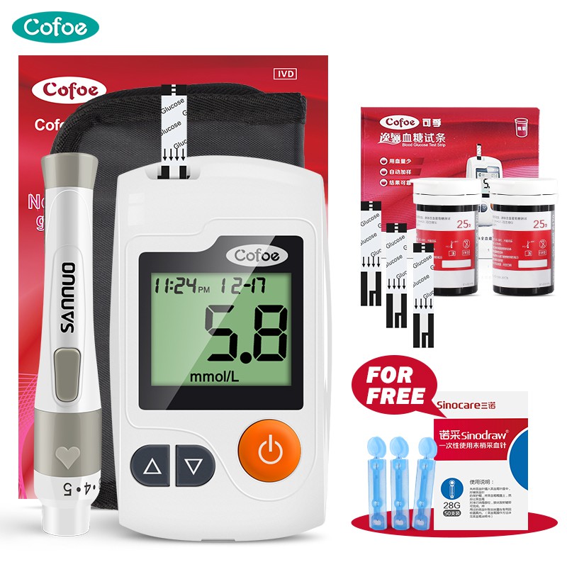 Máy đo đường huyết Cofoe theo dõi lượng đường trong máu kèm que thử và mũi