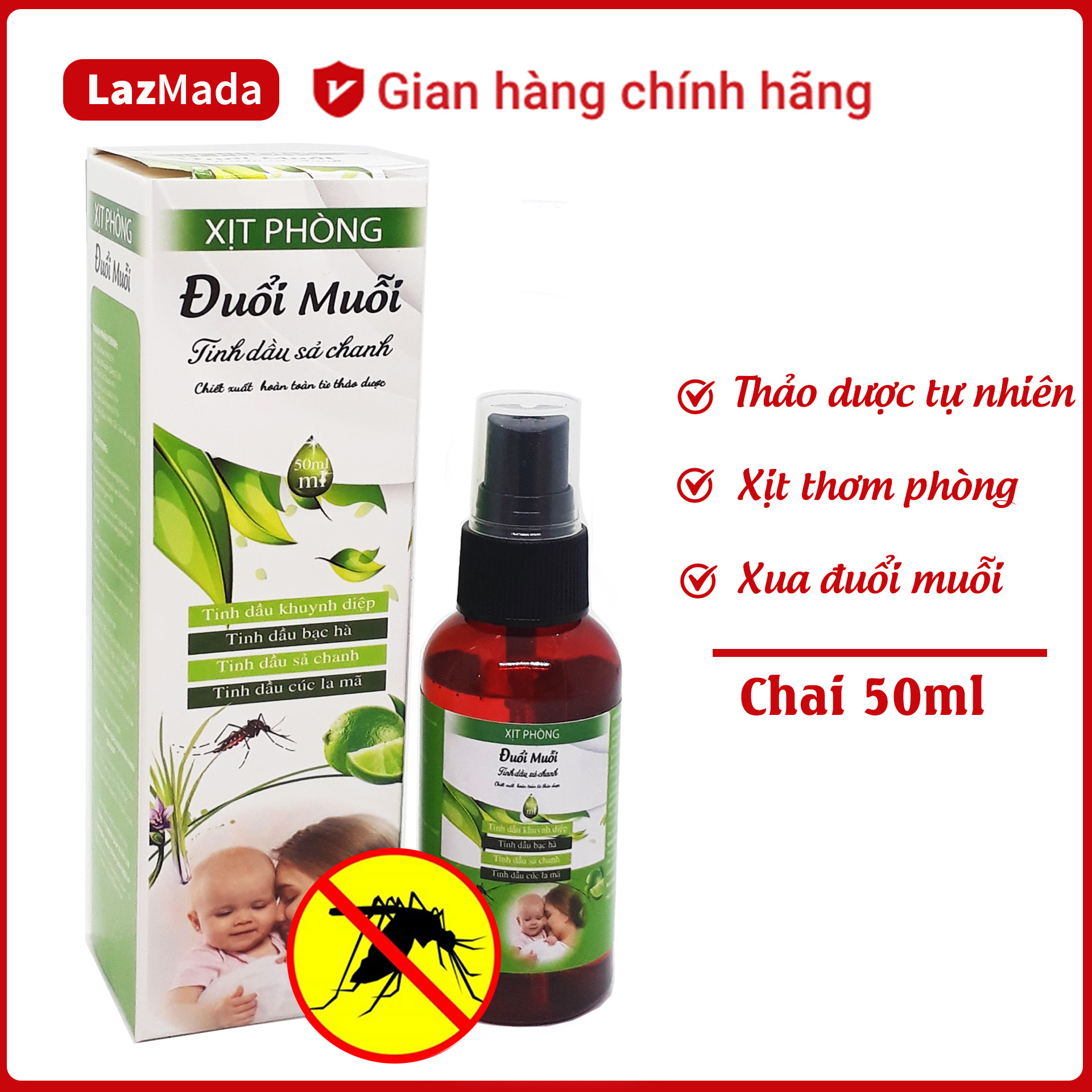Tinh dầu đuổi muỗi - XỊt chống muỗi cho trẻ em - Hoàn toàn từ thảo dược thiên nhiên- an toàn cho trẻ sơ sinh - Chai 50ml chính hãng