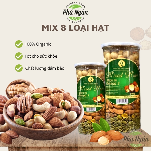 [HCM]Mix 8 loại hạt (Macca, Óc Chó Vàng-đỏ, Hồ Đào, Hạt Điều, Hạnh Nhân, Dẻ Cười, Bí Xanh) - hộp 500gr