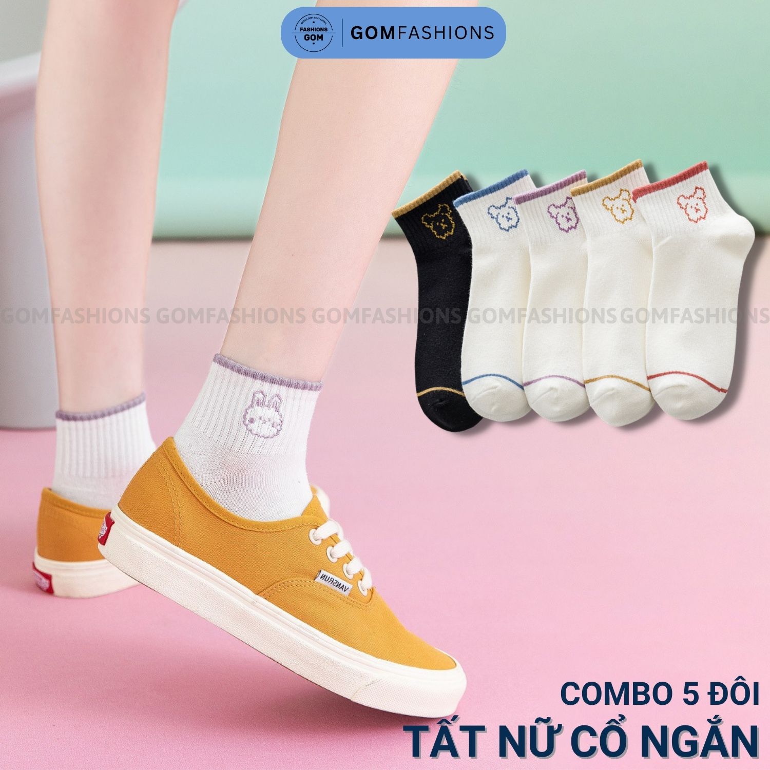 Vớ Nữ Cổ Ngắn Hình Gấu Trắng Đen, Tất Cổ Thấp Nữ Siêu dễ thương - HINHGAU-CB5-2