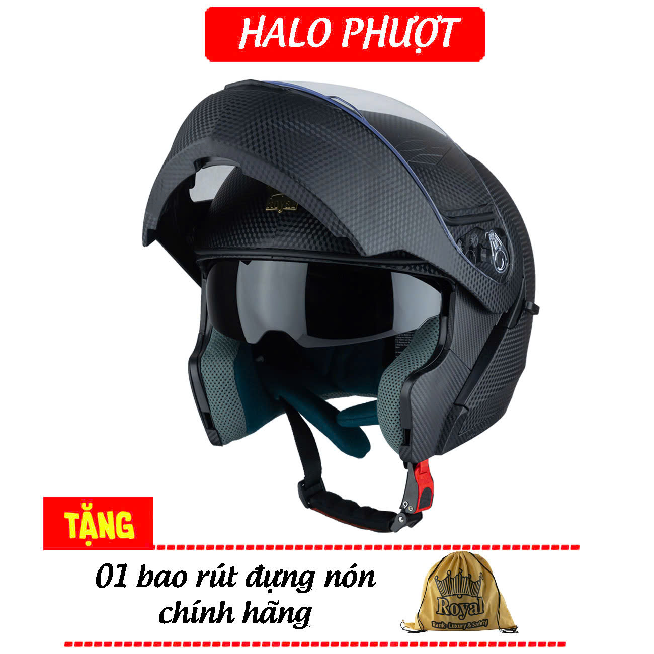 Nón bảo hiểm Fullface Lật hàm 2 kính Royal M179 Đen Carbon