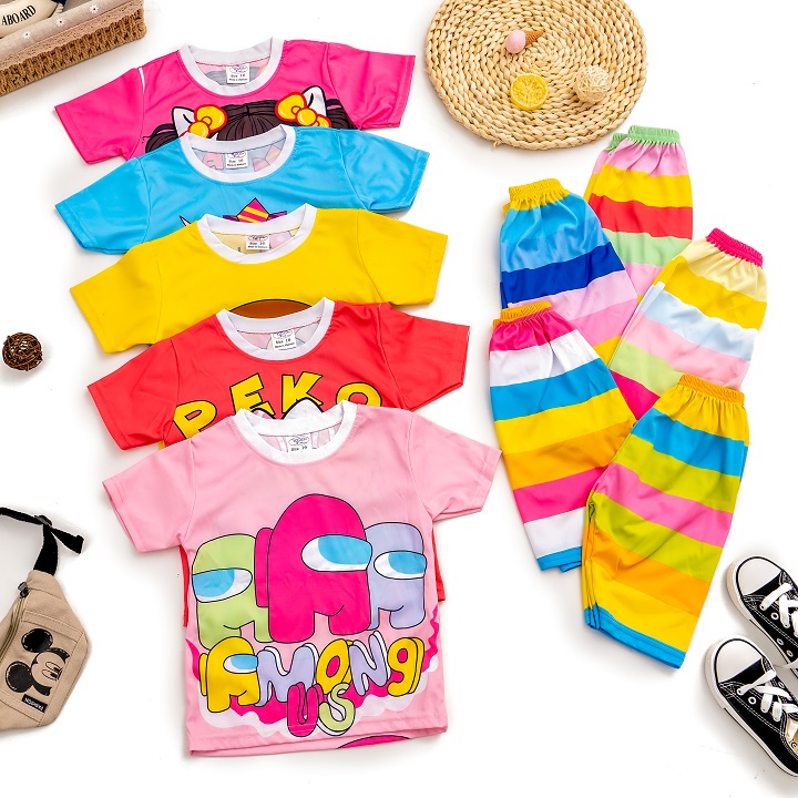 Combo 4 Đồ bộ bé gái hoạt hình vải thun in 3D hiệu MIMYKID cao cấp, màu ngẫu nhiên, set đồ cho bé - MKLZ-B02G