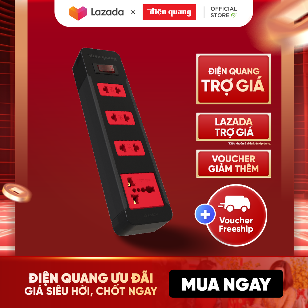 Ổ cắm điện đa năng Điện Quang ĐQ ESK 4BR (4 lỗ kết hợp, 1 công tắc an toàn, màu đen đỏ) công suất 2500w, tự ngắt khi quá tải, BH 12 tháng
