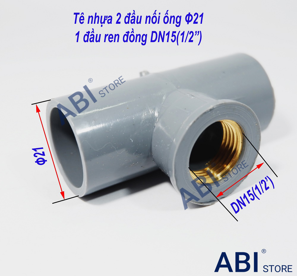 Tê nhựa ren đồng 21, 27-21, tê ren trong đồng dn15 2 đầu nối ống phi 21, phi 27