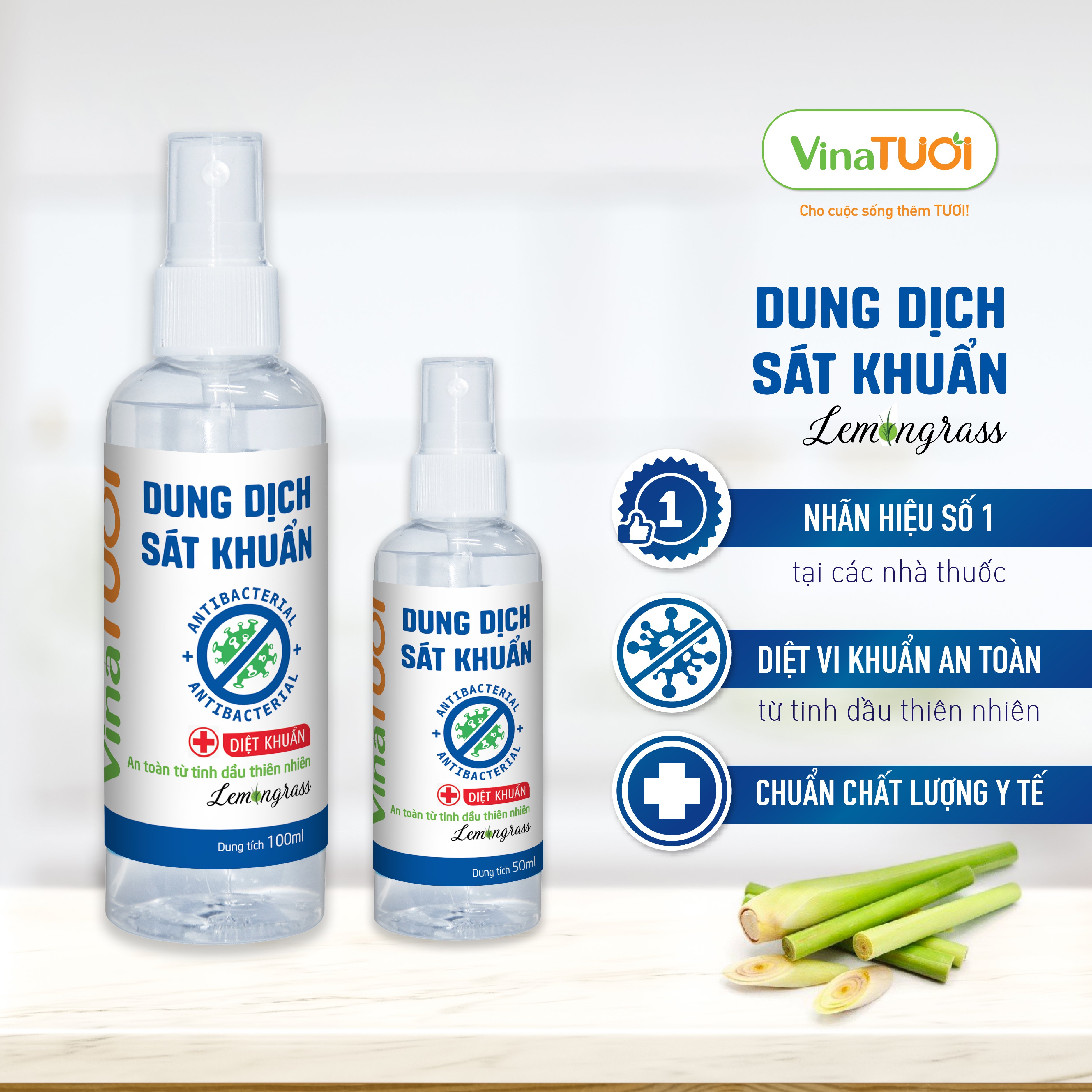 Dung dịch sả chanh Vina Tươi, Xịt sát khuẩn, Dung dịch sát khuẩn, Nước rửa tay khô nhanh chai 50ml, 100ml, 500ml