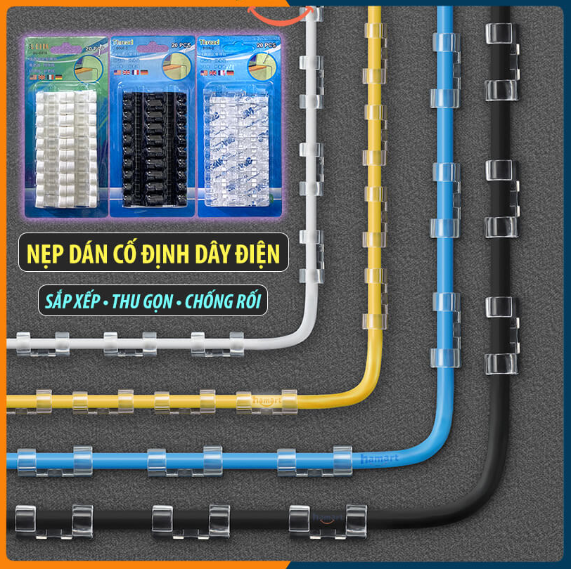 Bộ 20 miếng dán tường nẹp dây mạng dây điện- kẹp cố định nút giữ dây điện