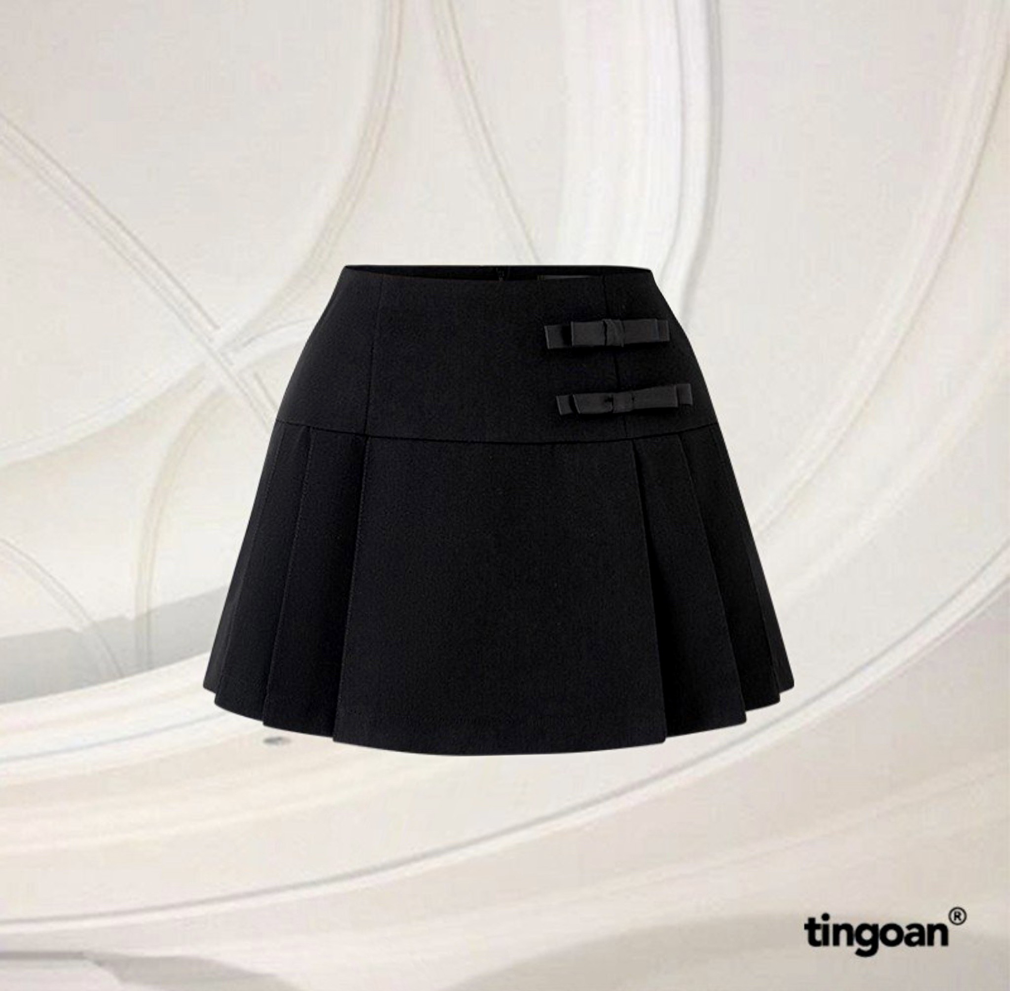 Tingoan® - chân váy đính nơ lệch đen xếp ly hana skirt/bl