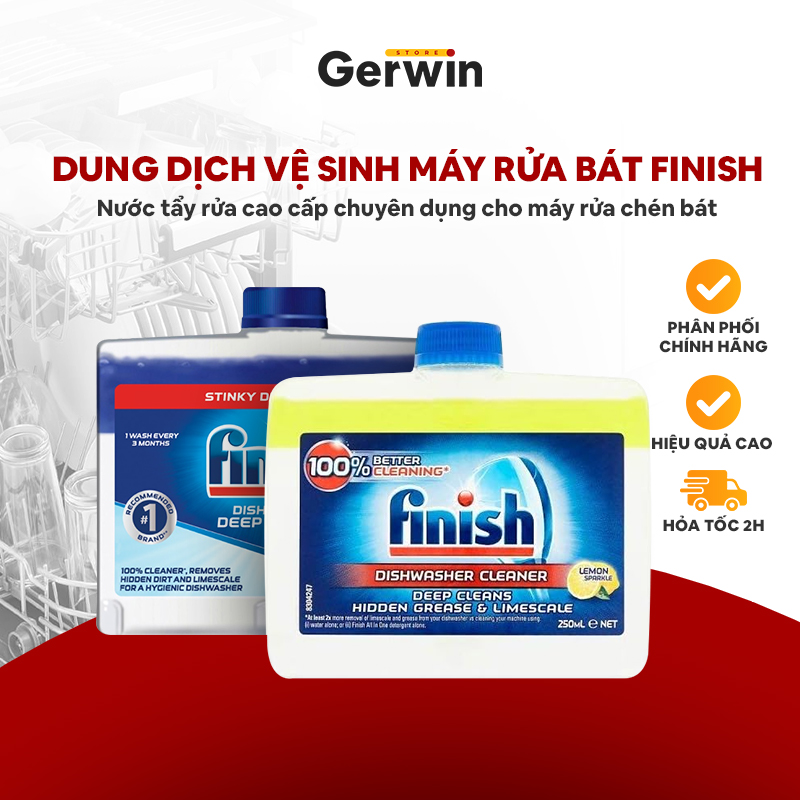 Dung dịch vệ sinh máy rửa bát Finish chuyên dụng cho máy rửa bát làm sạch các vết dầu mỡ, làm sạch các cặn bẩn 250ml, thêm mùi thêm lựa chọn