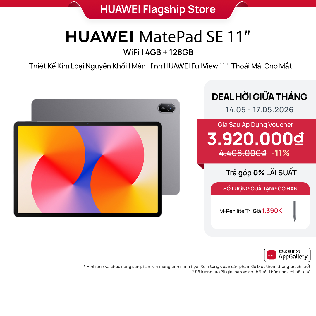 Máy tính bảng HUAWEI MatePad SE 11”|Thiết Kế Kim Loại Nguyên Khối||Màn Hình HUAWEI FullView 11" Thoải Mái Cho Mắt|Pin Mạnh Mẽ 7700 mAh