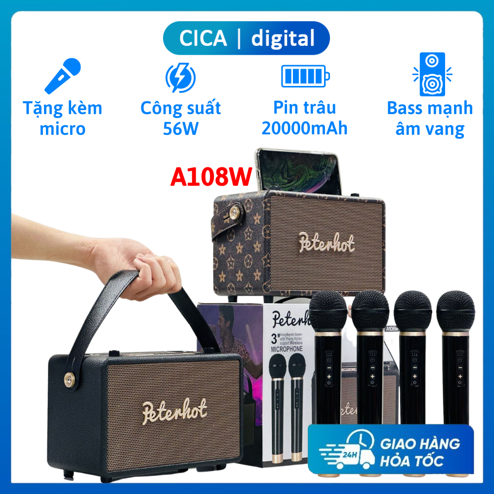 Loa Karaoke Peterhot  A106W, A108W tặng kèm micro không dây, Loa bluetooth âm thanh siêu hay, Thoả sức làm ca sĩ tại nhà, Bảo hành 12 tháng