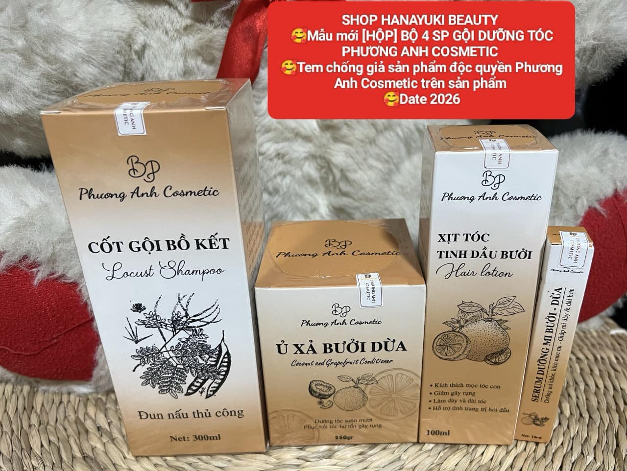 Combo trọn bộ 4 sp phương anh cosmetic cốt gội bồ kết,ủ tóc bưởi dừa,xịt tóc tinh dầu bưởi, serum dưỡng mi bưởi-dừa