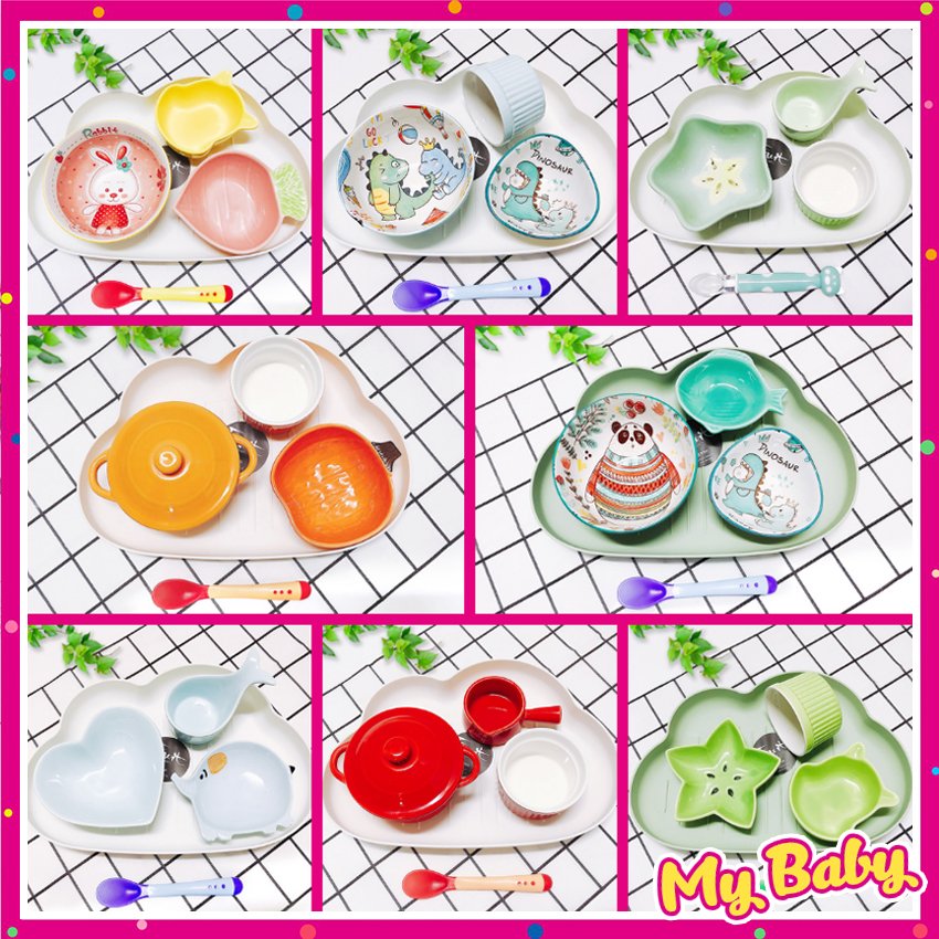Combo 5 món khay ,thìa , bát sứ ăn dặm cho bé-đồ dùng ăn dặm gốm sứ, chén bát ăn dặm