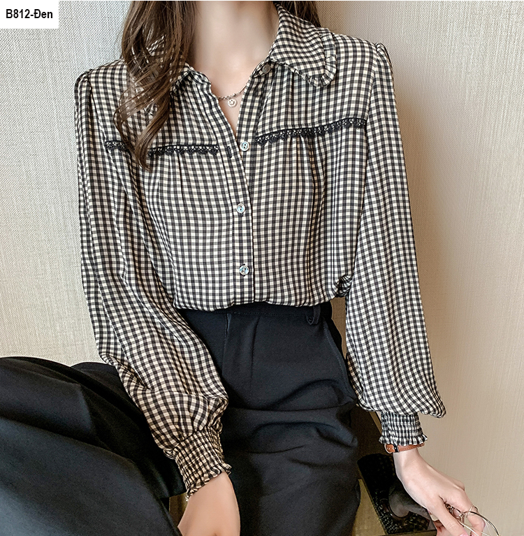 B812- áo sm caro lụa phối ren