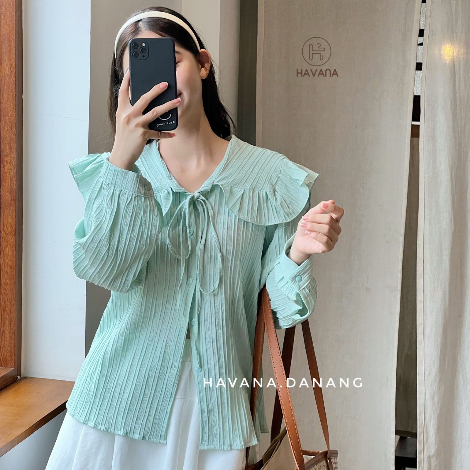 Áo sơ mi kiểu nữ dài tay, sơ mi gân cổ bèo thắt nơ tay bồng thủy thủ