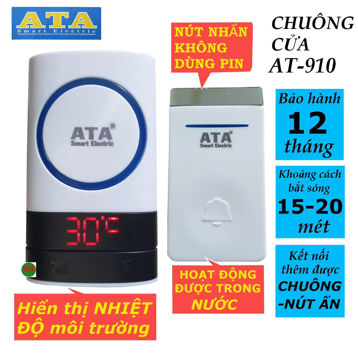 Chuông cửa không dây chống nước ATA AT-910 - nút nhấn không dùng pin có thể để ngoài trời - có chức năng đo và hiển thị nhiệt độ môi trường