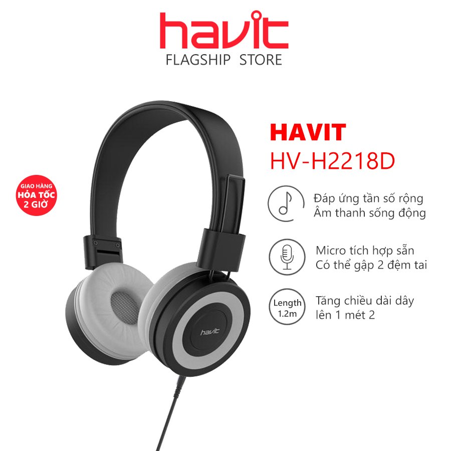 Tai nghe chụp tai có dây havit hv-h2218d loa lớn có mic jack 3.5mm - hàng chính hãng